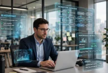 Professional using a laptop surrounded by digital AI assistant interfaces