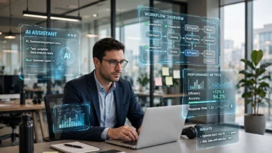 Professional using a laptop surrounded by digital AI assistant interfaces