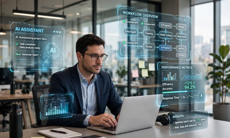Professional using a laptop surrounded by digital AI assistant interfaces