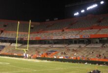 Floodlit football stadium glowing at night