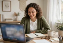 Freelance writer working at a home office desk winning first clients