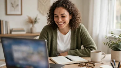 Freelance writer working at a home office desk winning first clients