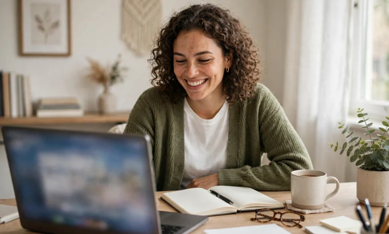 Freelance writer working at a home office desk winning first clients