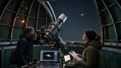 Observatory telescope under a starry sky tracking the planet Saturn