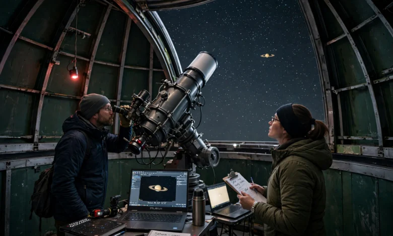 Observatory telescope under a starry sky tracking the planet Saturn