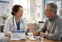 Doctor discussing a clinical trial with a patient in a bright clinic