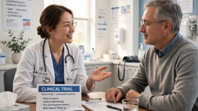 Doctor discussing a clinical trial with a patient in a bright clinic