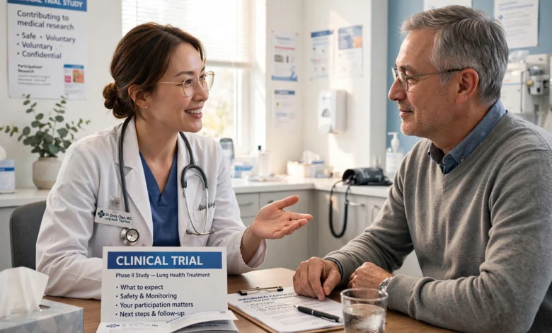Doctor discussing a clinical trial with a patient in a bright clinic