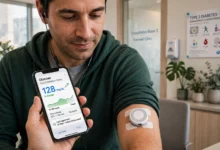 Person with type 2 diabetes checking a continuous glucose monitor reading on a smartphone