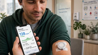 Person with type 2 diabetes checking a continuous glucose monitor reading on a smartphone