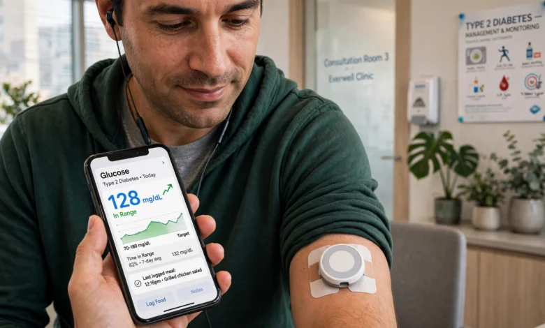 Person with type 2 diabetes checking a continuous glucose monitor reading on a smartphone