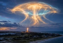 SpaceX rocket launch creating a glowing jellyfish cloud over the US East Coast at twilight