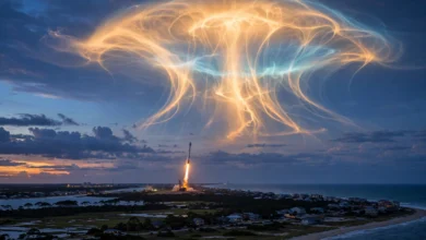 SpaceX rocket launch creating a glowing jellyfish cloud over the US East Coast at twilight
