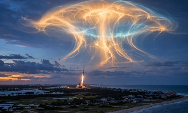 SpaceX rocket launch creating a glowing jellyfish cloud over the US East Coast at twilight